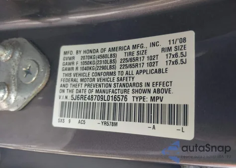 2009 Honda Cr-V Ex-L z USA, uszkodzony, nr VIN 5J6RE48709L016576